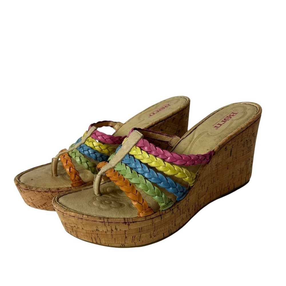 Born Women’s Multicolored Cork Platform Wedge Heels Toe Post Leather Sandals 9 M